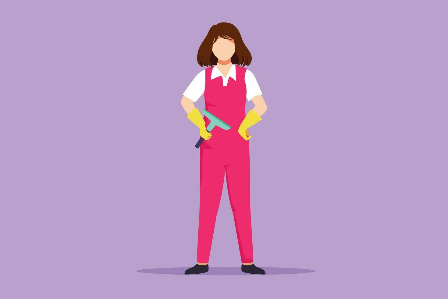 Cartoon flat style drawing of cleaning service with cool pose. Cleaning worker standing and enjoying working. Smiling beautiful female cleaning company staff member. Graphic design vector illustration