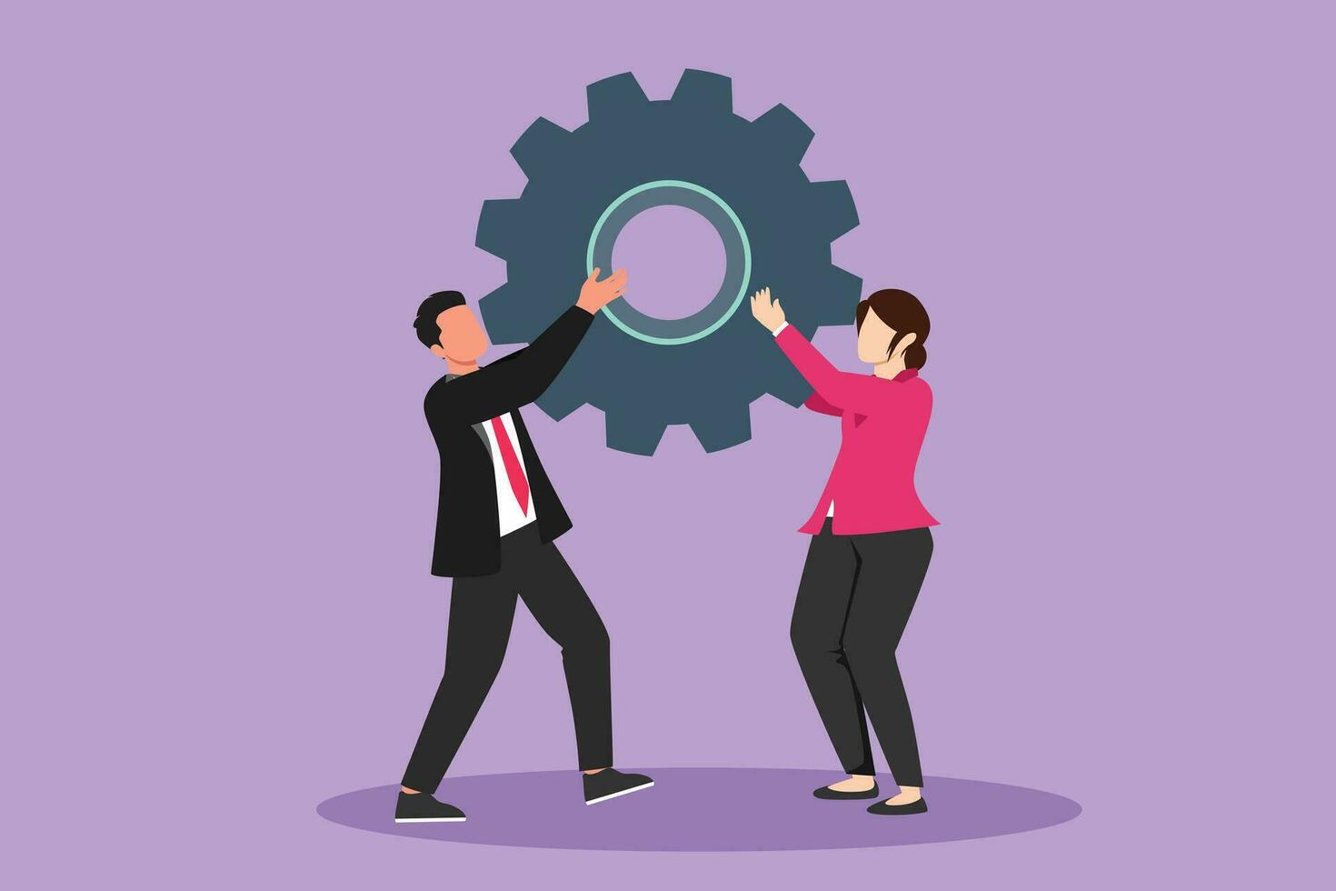 Graphic flat design drawing of collaboration project. Active man and woman lifting gears. People working with cogs. Professional teamwork process cooperation concept. Cartoon style vector illustration