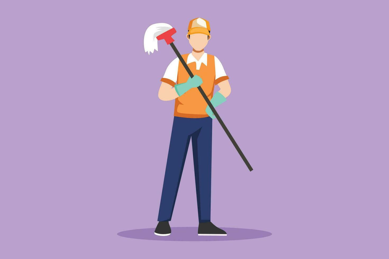 Graphic flat design drawing happy male cleaning staff member holding mop in gloves on blue background. Concept of different people like working in cleaning service. Cartoon style vector illustration