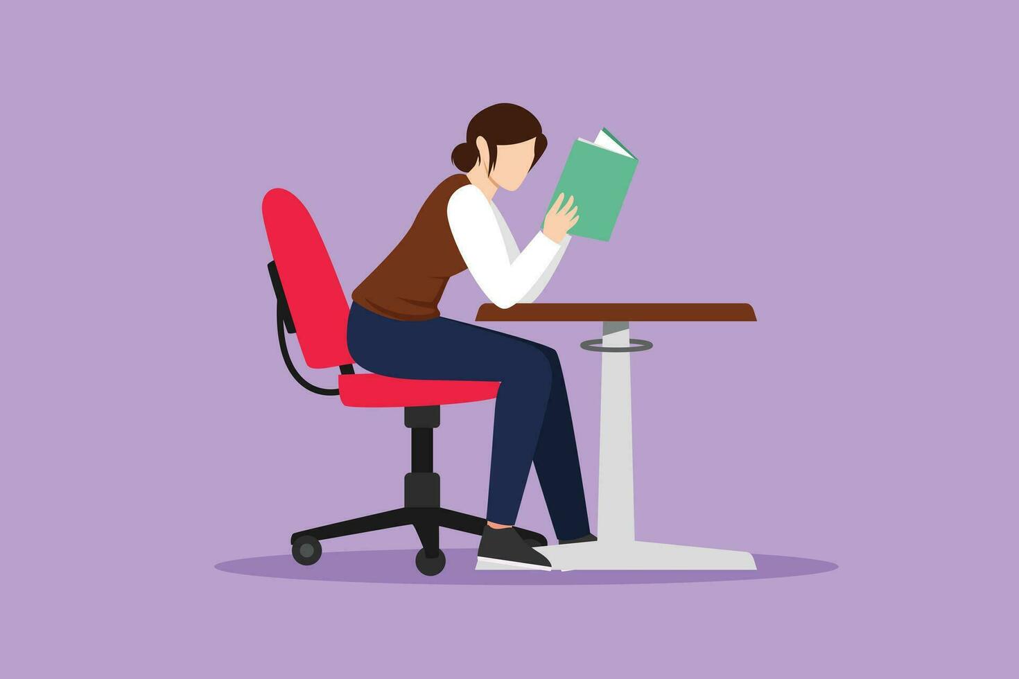 Cartoon flat style drawing girl student reading book in library or bookshop and sitting on chair at table. People read and study education or pupil learning lesson. Graphic design vector illustration