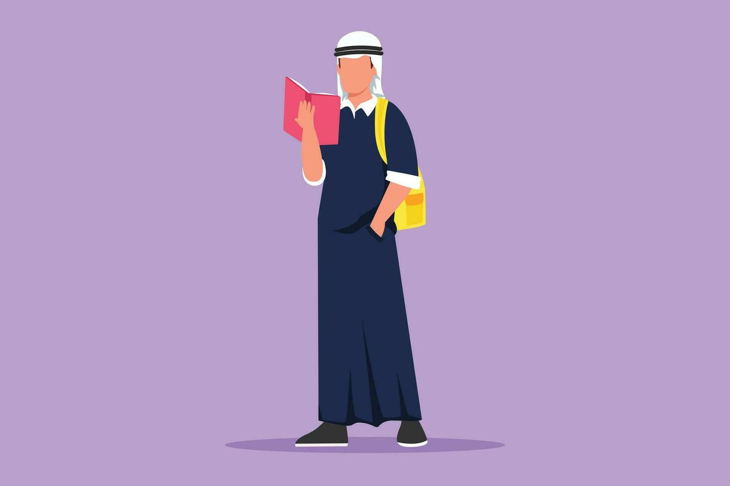 Character flat drawing smart guy standing and reads book that holds in one hand at school. Arab man love to read in library. Male students with open books in hands. Cartoon design vector illustration