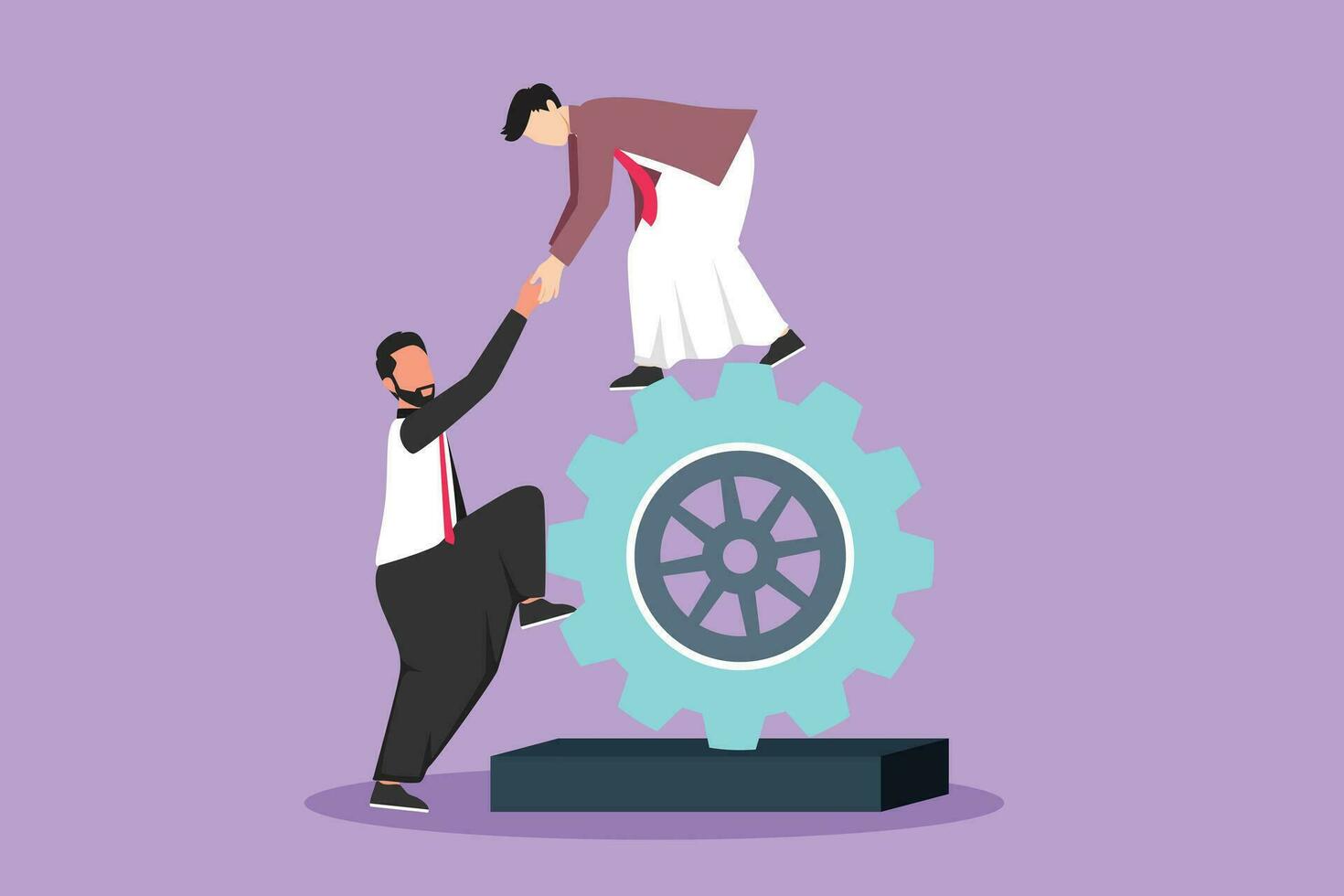 Cartoon flat style drawing two Arab businessmen helping each other on top of cog. Teamwork people help each other trust assistance. Goal with collaboration concept. Graphic design vector illustration