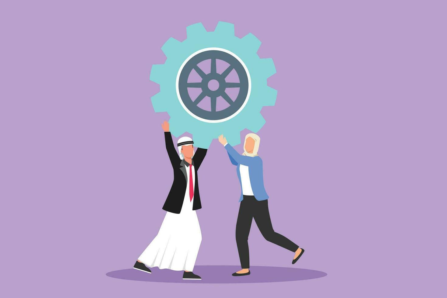 Cartoon flat style drawing collaboration project. Arabian man and woman lifting gears. People working with cogs. Professional teamwork process cooperation concept. Graphic design vector illustration