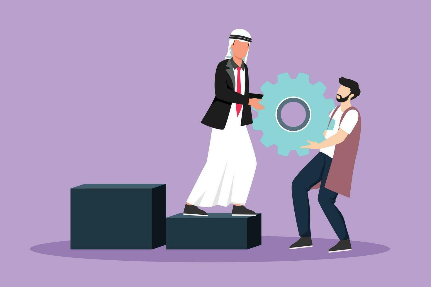 Cartoon flat style drawing Arabian businessman helping his partner to lifting cogs or gears on top of stairs. Teamwork, goal achievement, solution, success, winner. Graphic design vector illustration