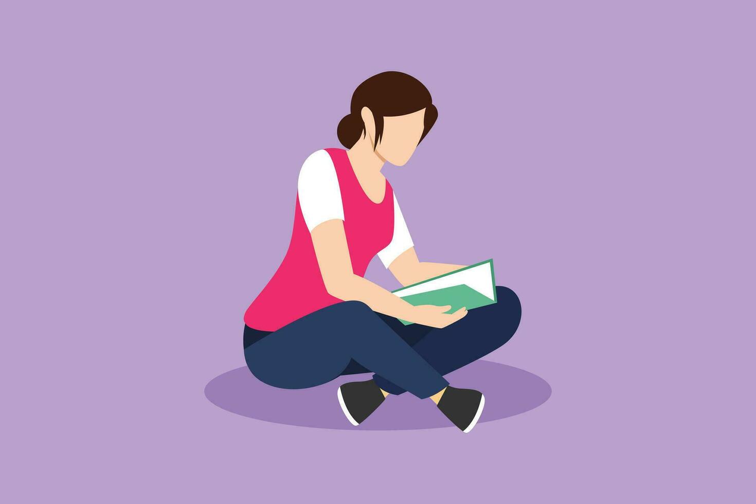 Graphic flat design drawing young pretty female sitting on floor and reading book. Beautiful woman spending weekend with books. Leisure activity, repose, relaxation. Cartoon style vector illustration