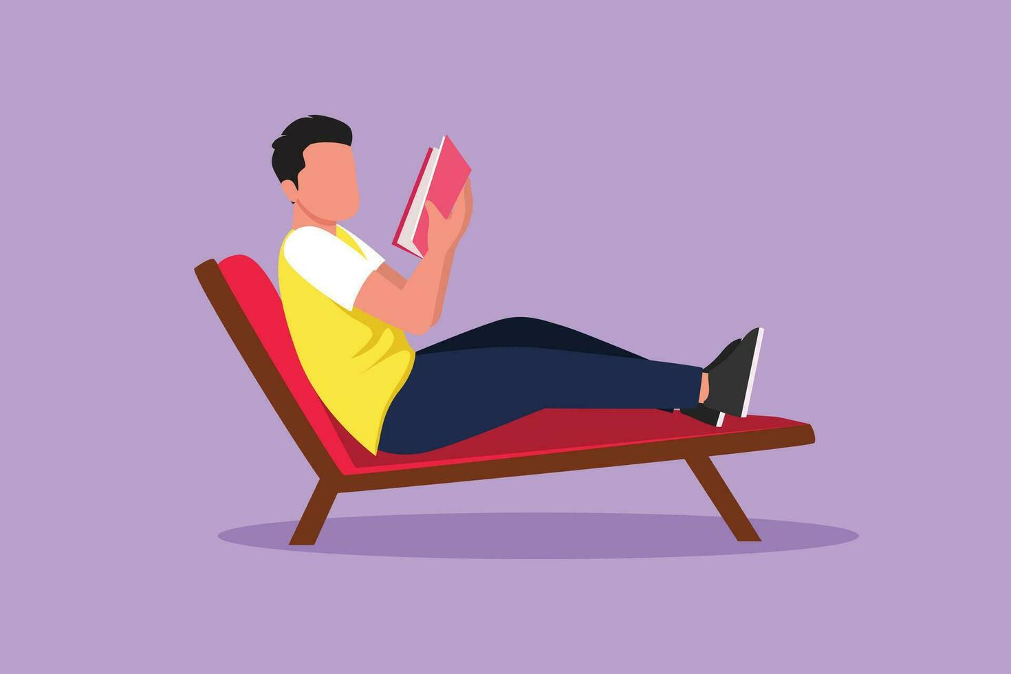 Graphic flat design drawing of reclined man reading book in lounge chair. Chill out time with good story concept. Smart male reader enjoying literature or studying. Cartoon style vector illustration