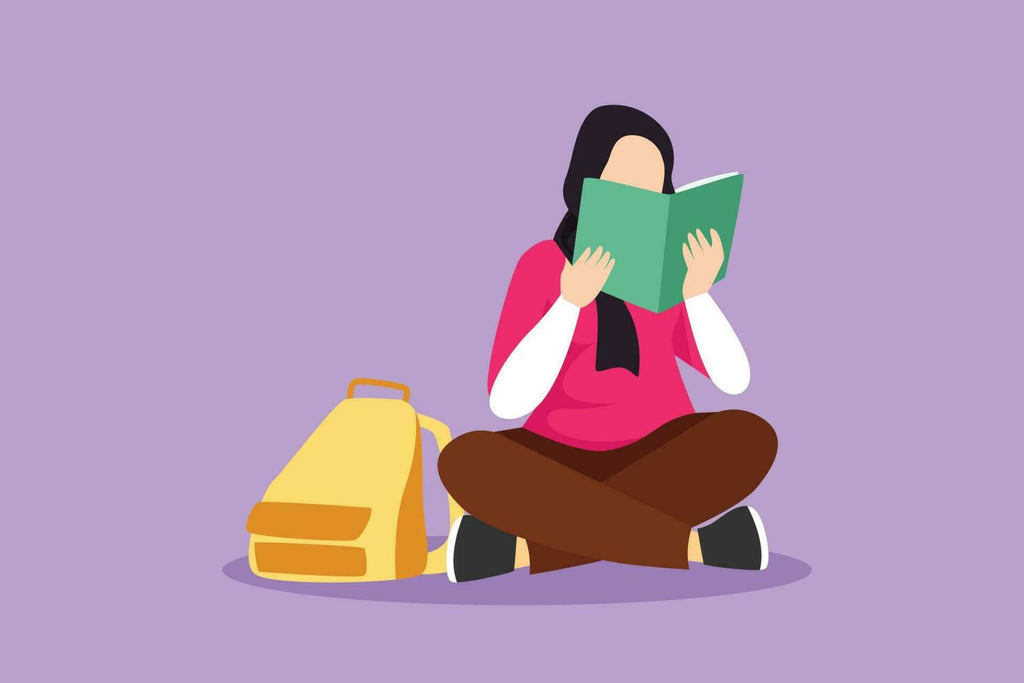 Cartoon flat style drawing happy Arab woman reading book and sitting on floor. Smart beautiful female reader enjoying literature or studying and preparing for exam. Graphic design vector illustration