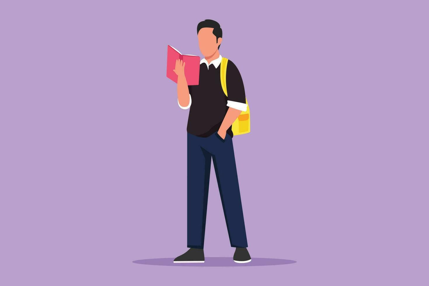 Character flat drawing smart guy standing and reads book that holds in one hand at school. Young man love to read in library. Male students with open books in hands. Cartoon design vector illustration