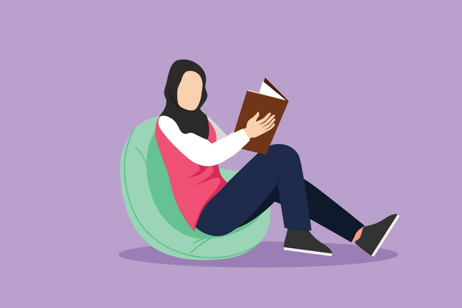 Graphic flat design drawing girl on sofa in room reading book, having rest. Arab woman reads book on couch at cozy home. Girl sitting on sofa, reading book, resting. Cartoon style vector illustration