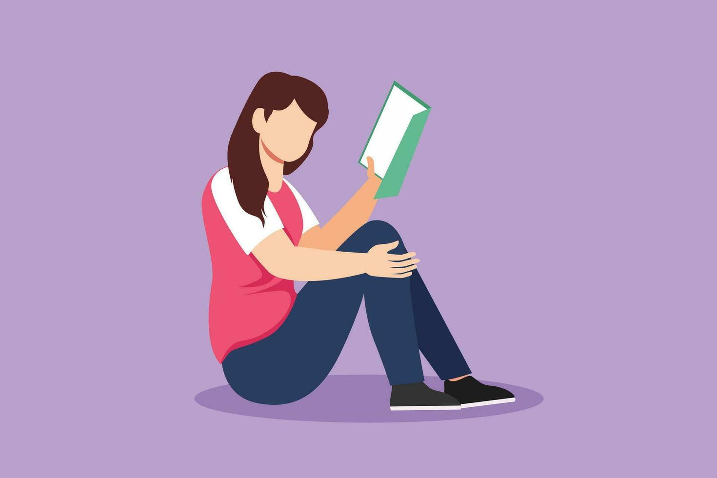 dibujos animados plano estilo dibujo joven hermosa mujer sentado en piso, leyendo libro. lectura, estudiando. bonito niña amor a leer literatura. educación, biblioteca concepto. gráfico diseño vector ilustración