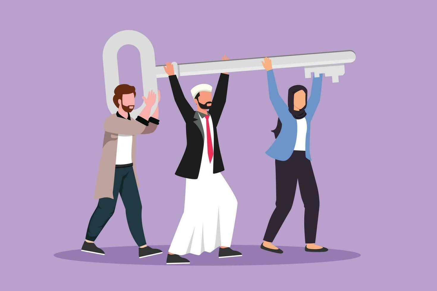Character flat drawing business teamwork key of success. Arabian businessman working in team. People lifting key of success, stepping forward to open bright future. Cartoon design vector illustration