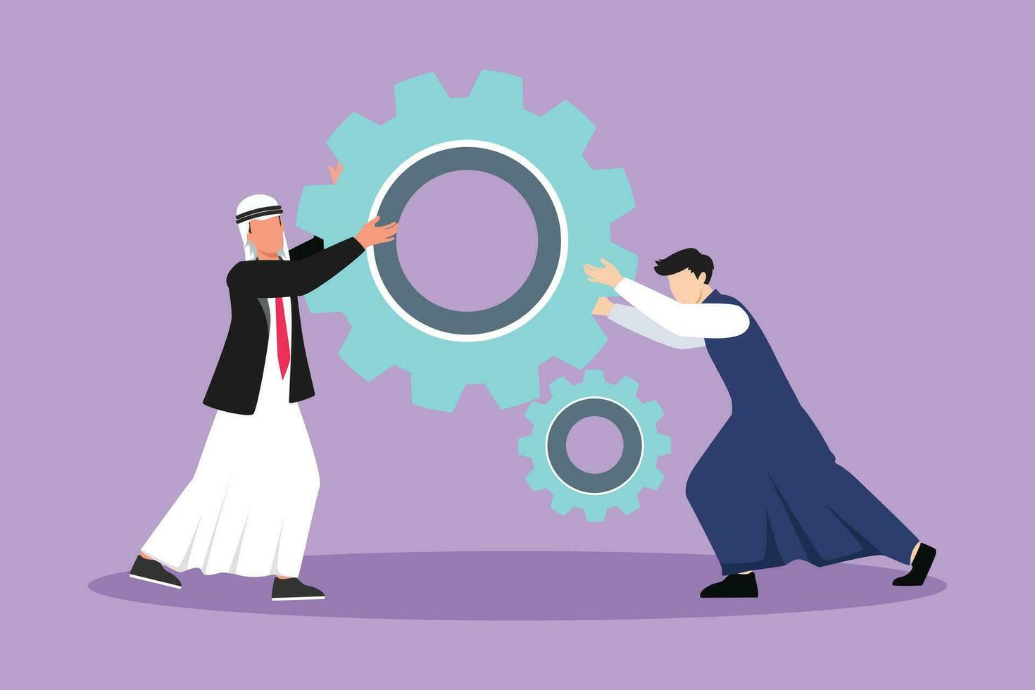 Graphic flat design drawing two Arab businessmen help each other pushing big cog. Group of people push gear, team business tech holding gear collaboration solution. Cartoon style vector illustration