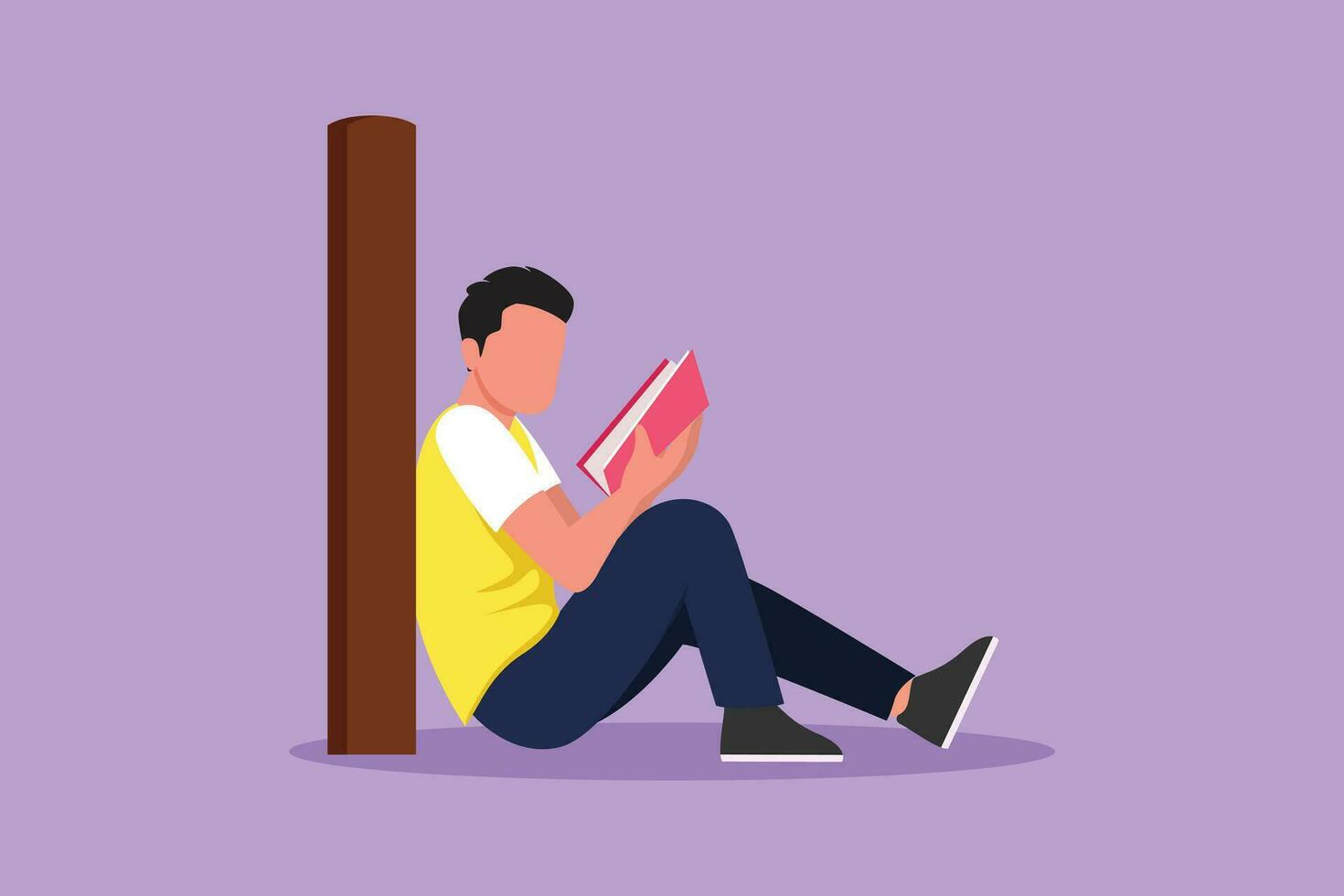 Character flat drawing young man sit on the floor, reclined on wall of library, read book. Guy studying and reading textbooks. Reader sitting on floor and learning. Cartoon design vector illustration