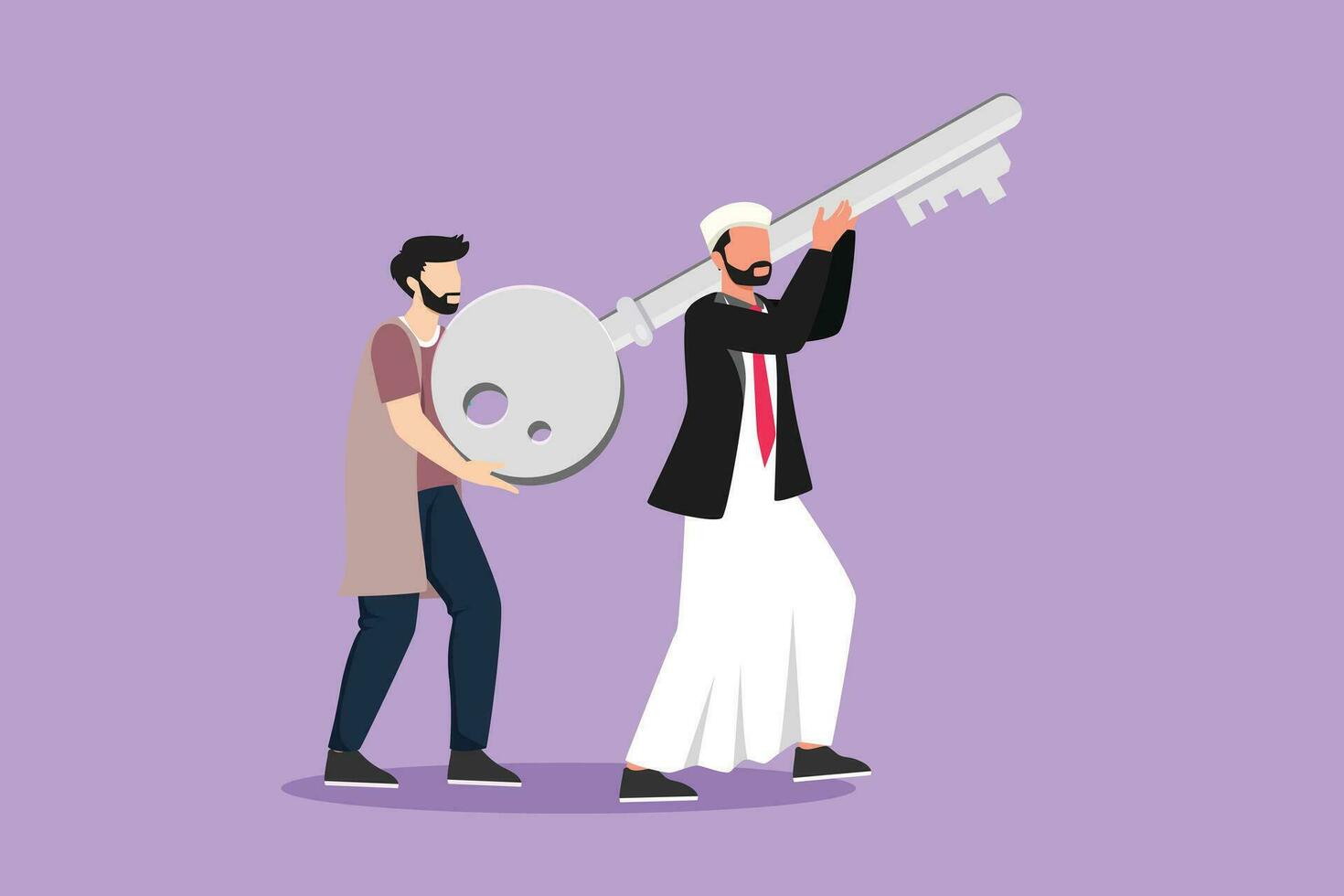 Character flat drawing two Arabian man hold together key to open locked door. Knowledge partnership lead to success. People carrying big key to have access to place. Cartoon design vector illustration