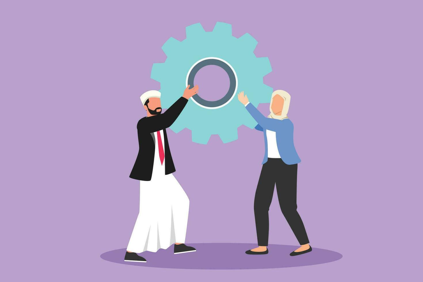 Graphic flat design drawing collaboration project. Arabian man and woman lifting gears. People working with cogs. Professional teamwork process cooperation concept. Cartoon style vector illustration