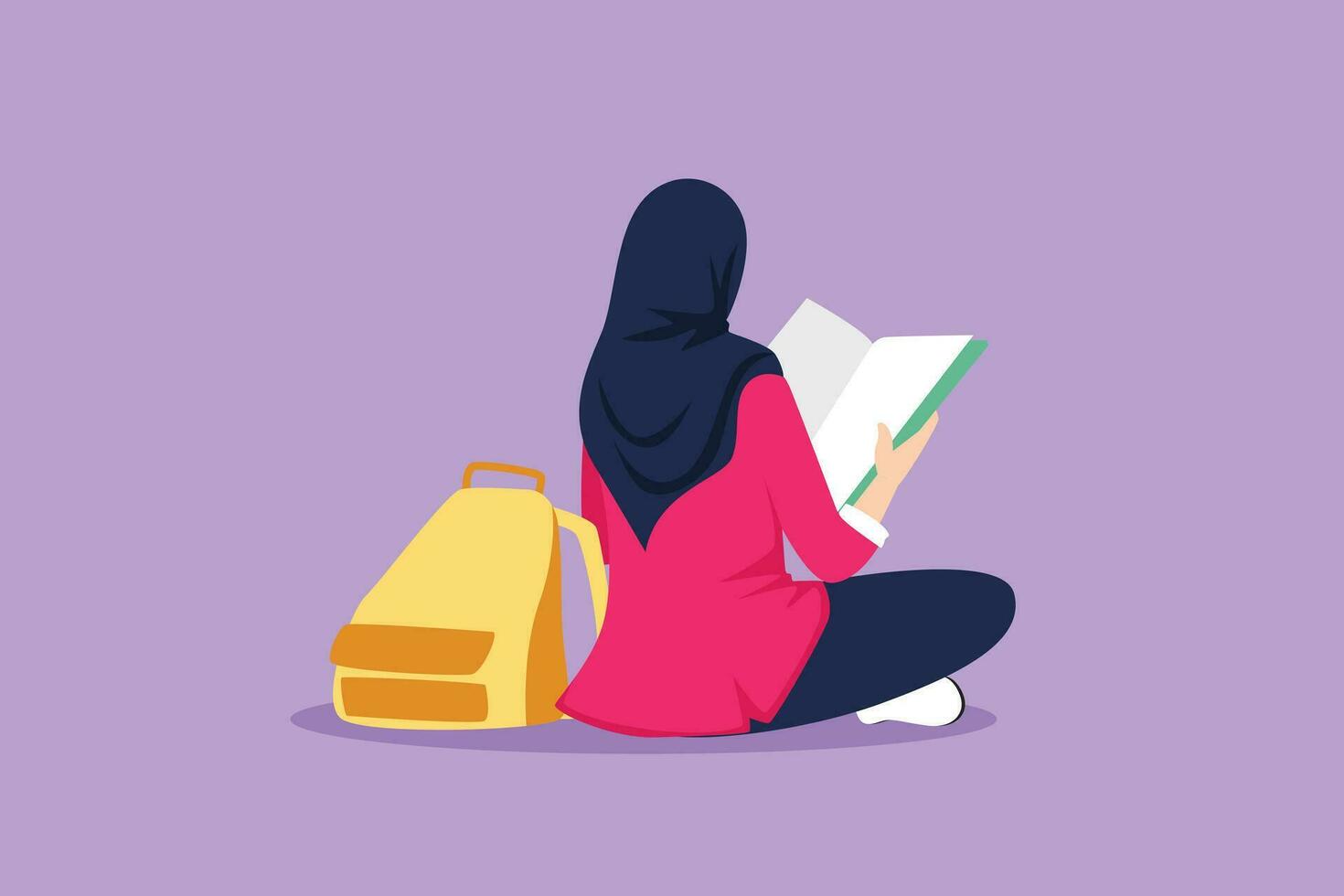 Cartoon flat style drawing of education. Back view of Arabian woman sitting on floor reading book. College student prepare to exam, back to school gaining knowledge. Graphic design vector illustration