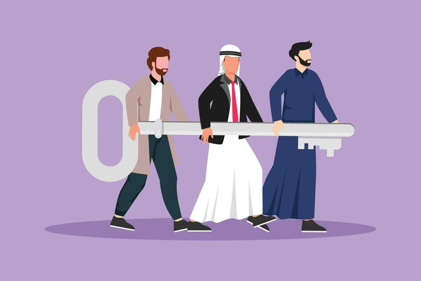 Character flat drawing problem solving team of business man with key solution concept. Arab businessmen carry big golden key. Build creative people world collection. Cartoon design vector illustration