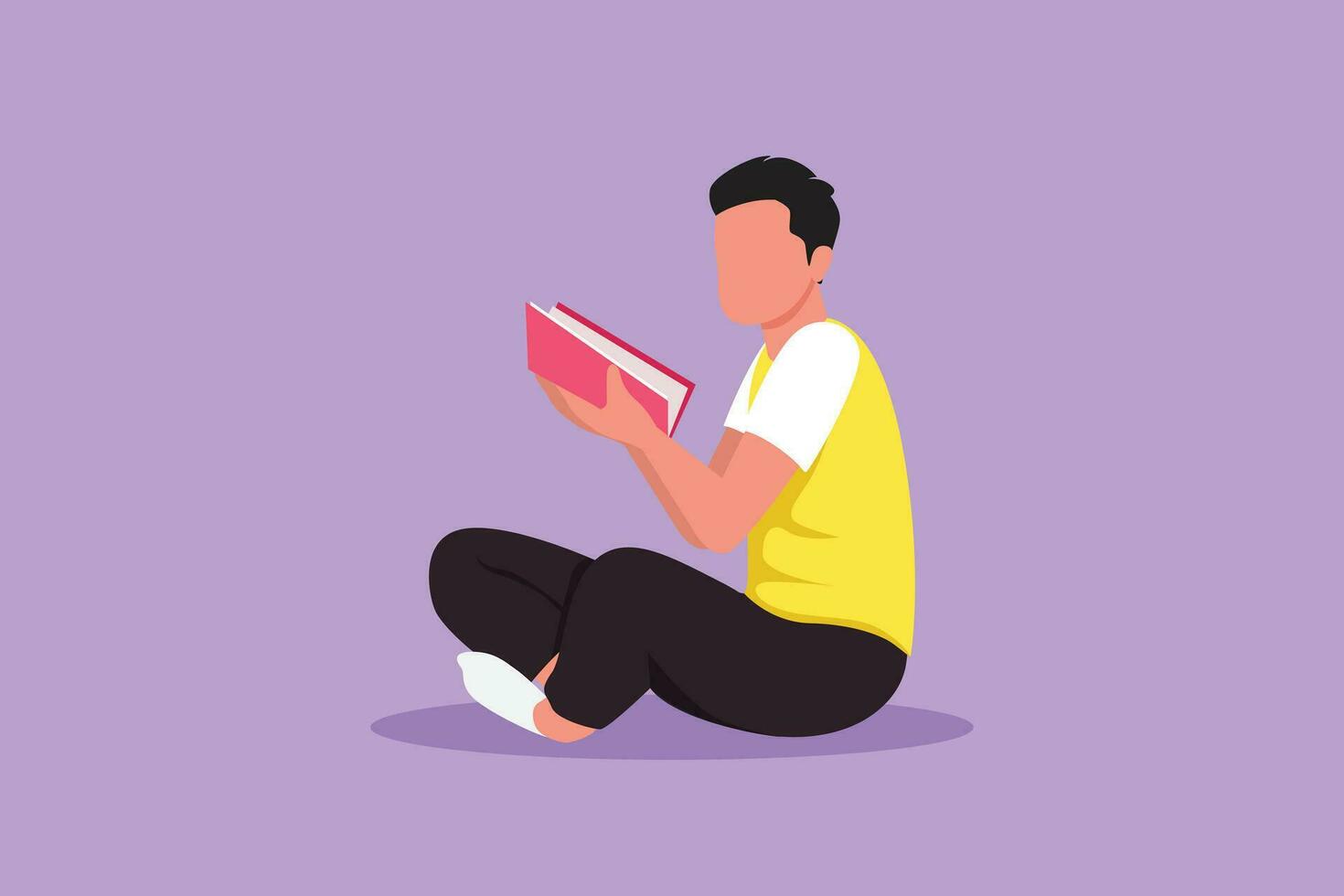 Character flat drawing side view of smart teenage man in casual clothing sitting at floor and reading literature book. Enthusiastic reader for educational and hobby. Cartoon design vector illustration