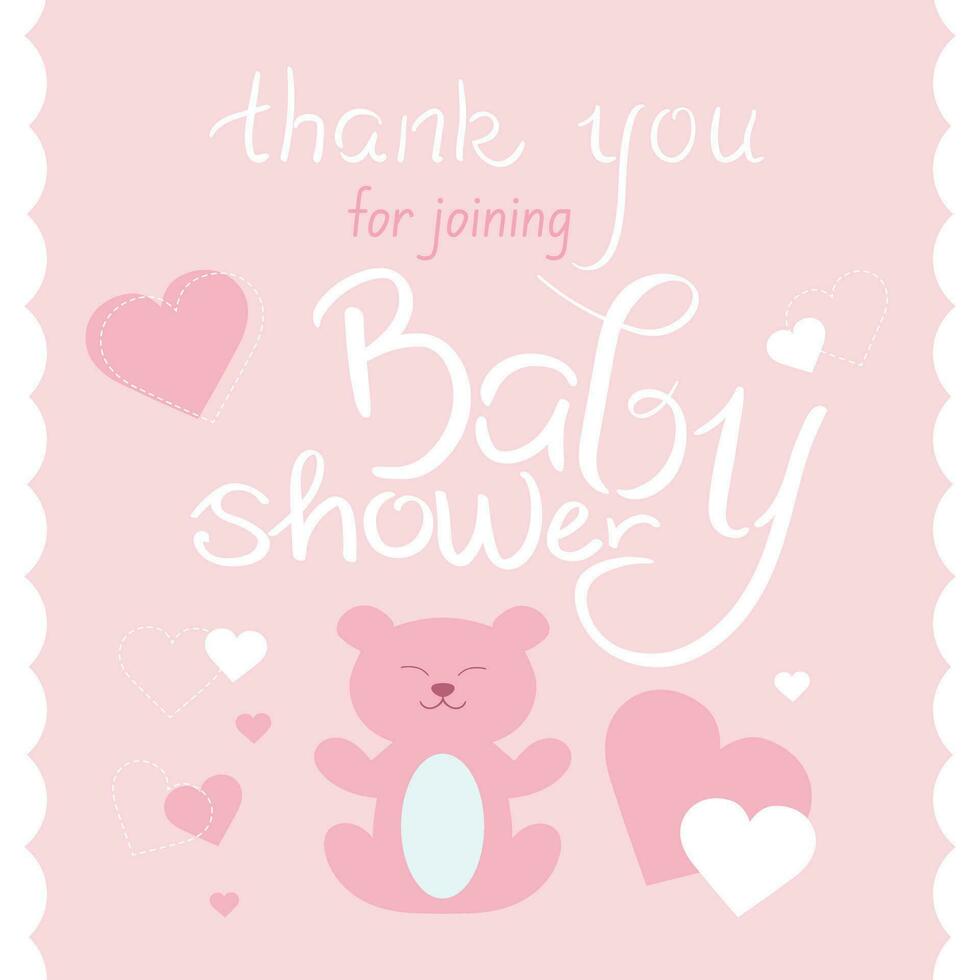 Baby shower thank you card. Honoring mommy to be. Cute teddy bear with hearts vector