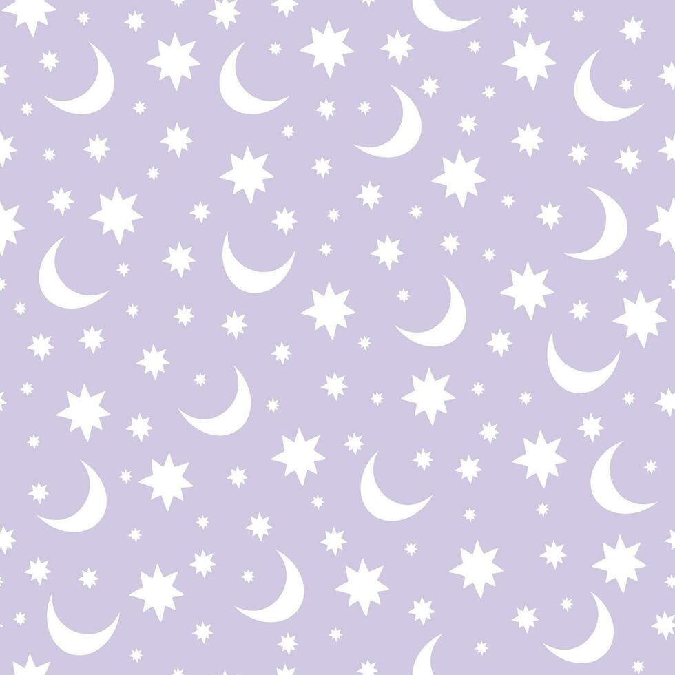Cartoon crescent and stars seamless pattern. Nursery wall art for baby boy and baby girl. Vector illustration