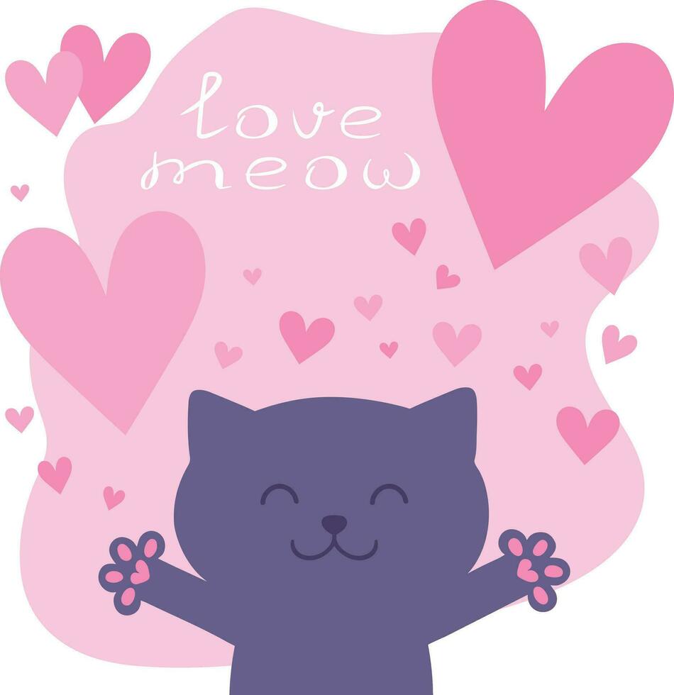 Cartoon cat asks for love. Cute hugging cat in childish style with a text Love meow and hearts. Vector illustration