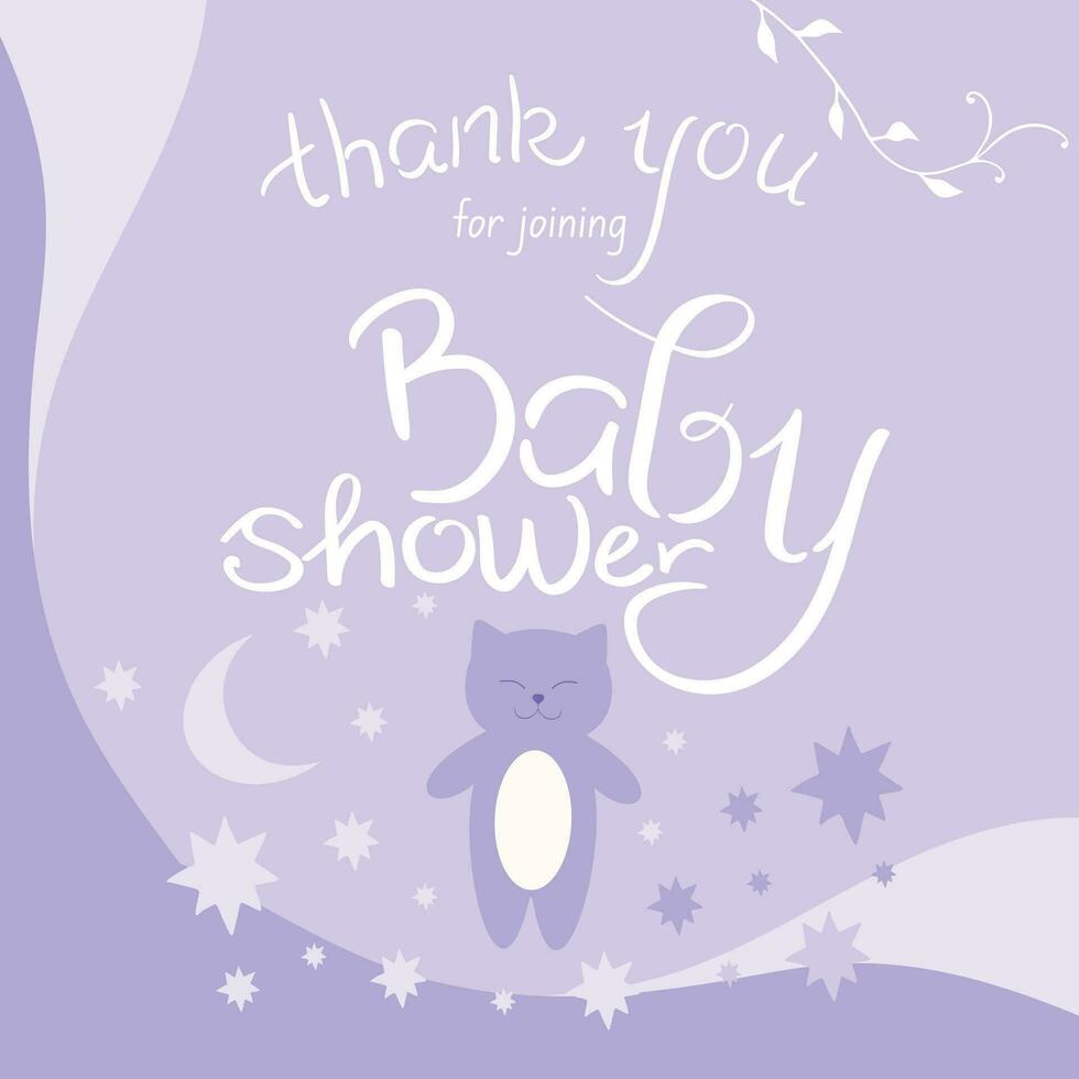 Baby shower thank you card. Honoring mommy to be. Cute cat with stars and crescent vector
