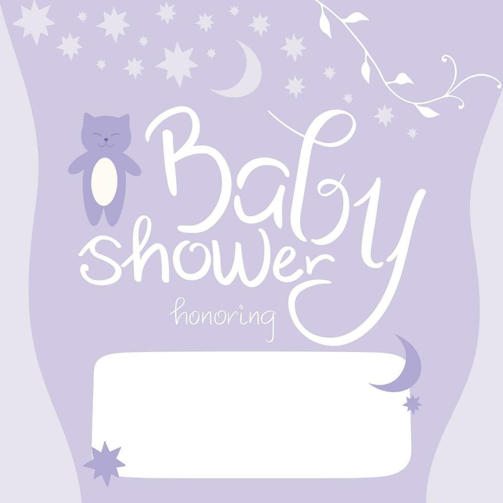 Baby shower invitation card. Honoring mommy to be. Cute cat with stars and crescent vector