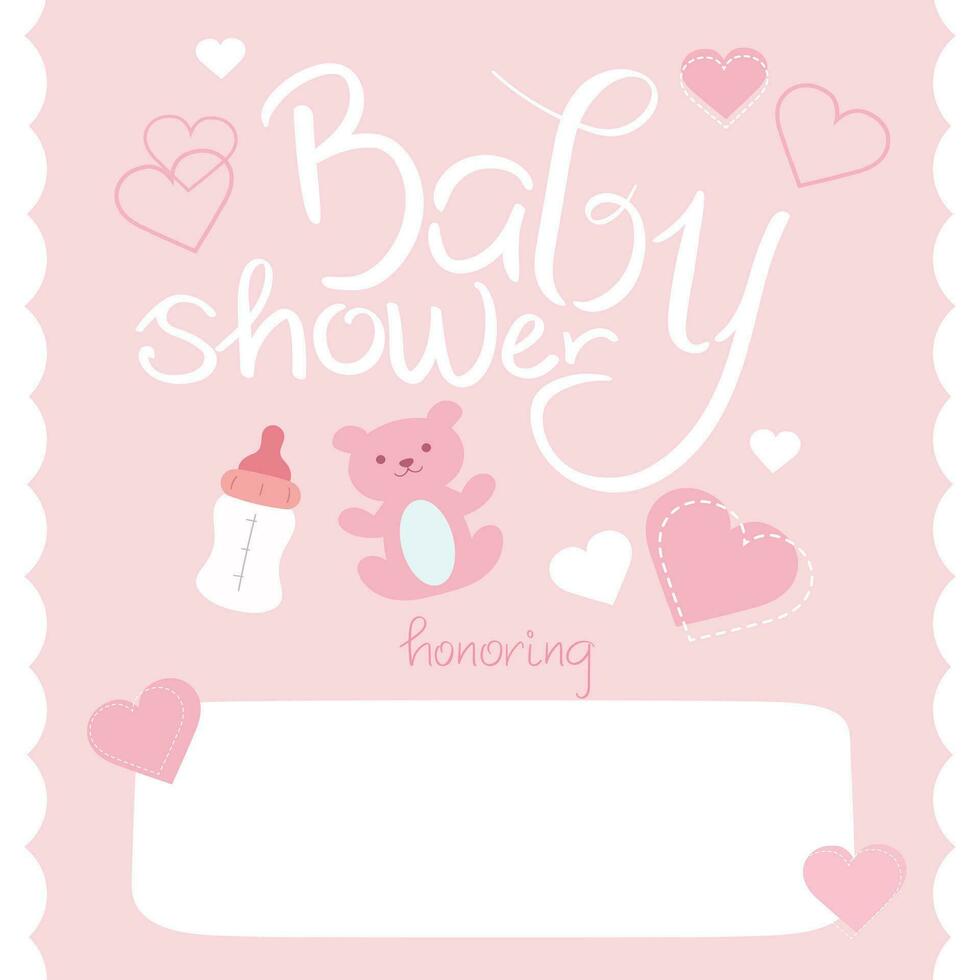 Baby shower invitation card. Honoring mommy to be. Cute teddy bear and hearts vector