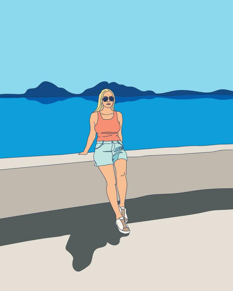 Blonde girl stands on the promenade by the sea. Summer sea vibe. Vector illustration