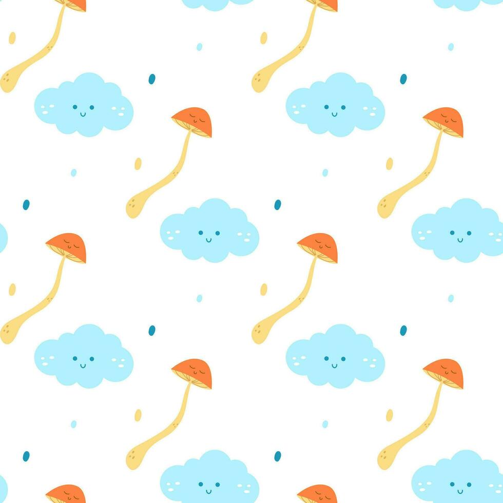 Seamless groovy baby starfish cloud rainbow pattern vector