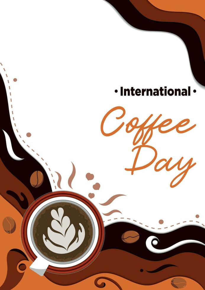 Poster Template Paper Cut International Coffee Day With Cute Style Vector Illustration
