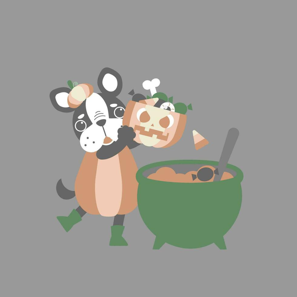 happy halloween holiday festival with dog and cauldron with pumpkin and candy, flat vector illustration cartoon character design