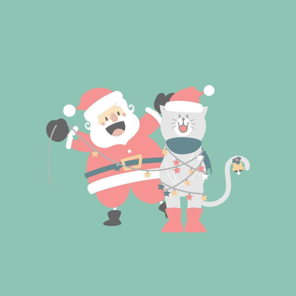 merry christmas and happy new year with cute santa claus and white cat in the winter season green background, flat vector illustration cartoon character costume design