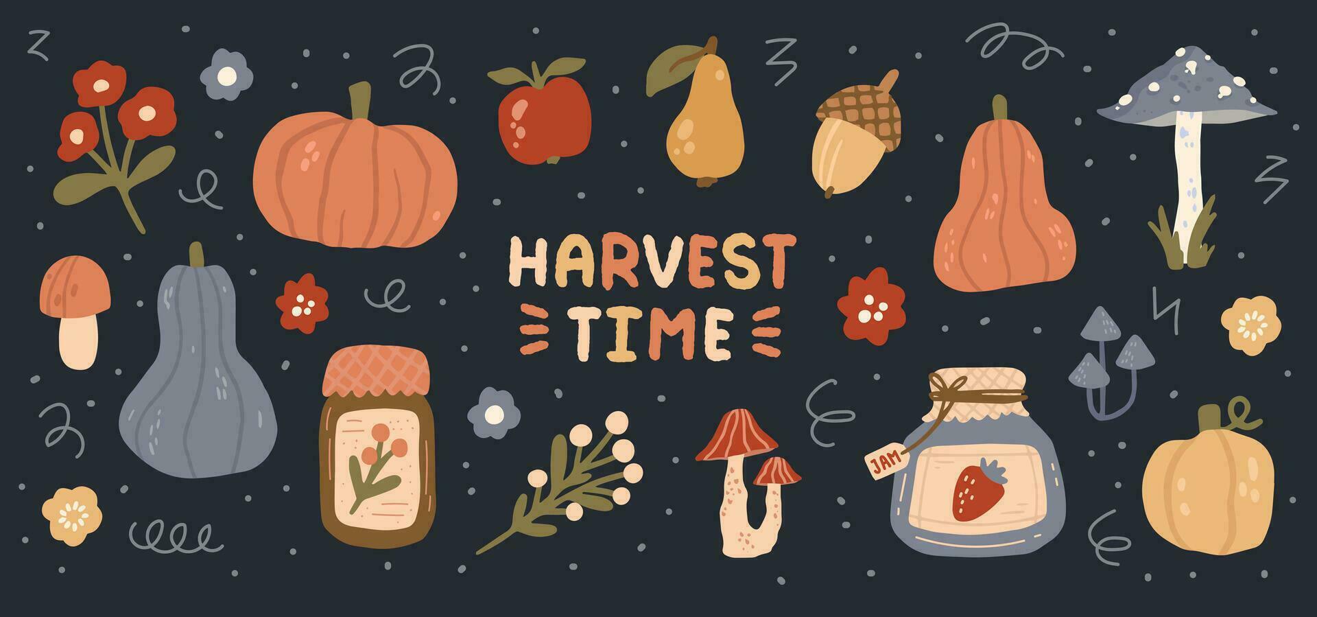 Season's Harvest Glory - Vector Collection of Autumnal Bounty Elements. Apples, Pumpkins, Mushroom, Leaves, and More