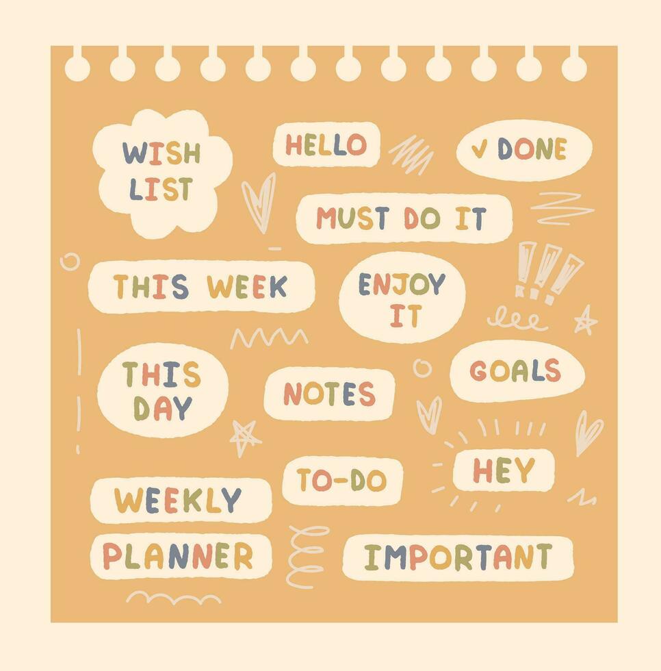 Planner Personalization Cartoon Stickers with Motivational Notes, Trendy Characters, and Weekly Flair vector