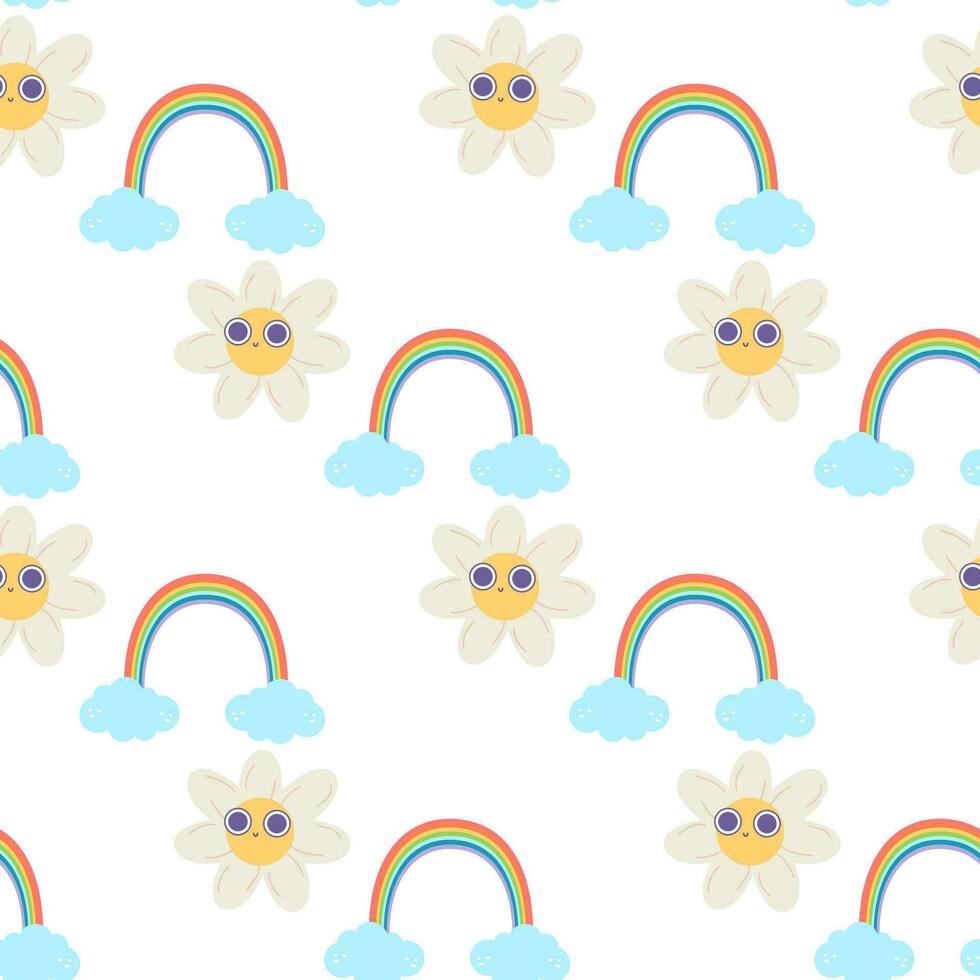 Seamless groovy baby starfish cloud rainbow pattern vector