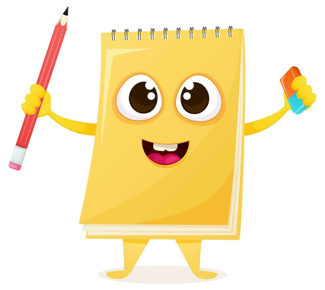Cute cartoon notebook character holding a pencil and eraser vector