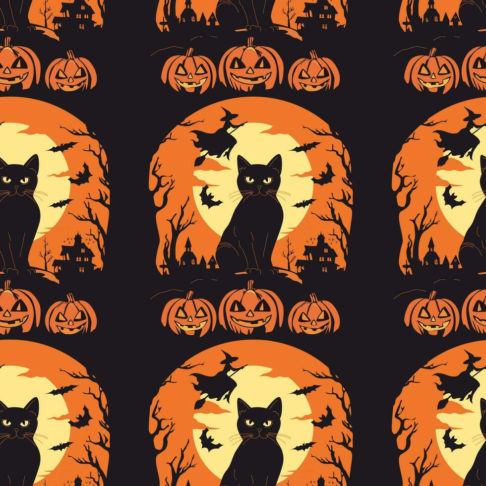 Seamless vector halloween retro pattern. Cat, witches,jack o'lantern, old scary house and trees endless ornament.