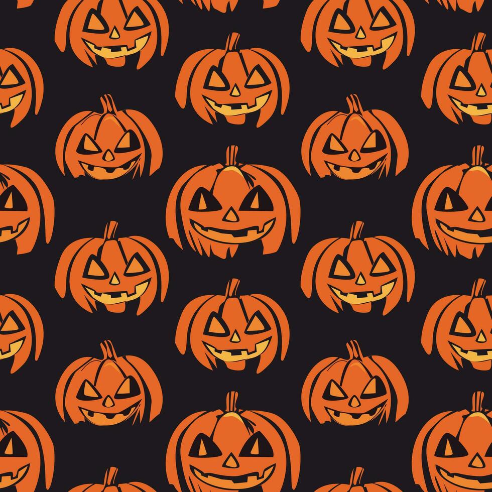 Jack o lantern pumpkin pattern on dark background. Halloween vector background.