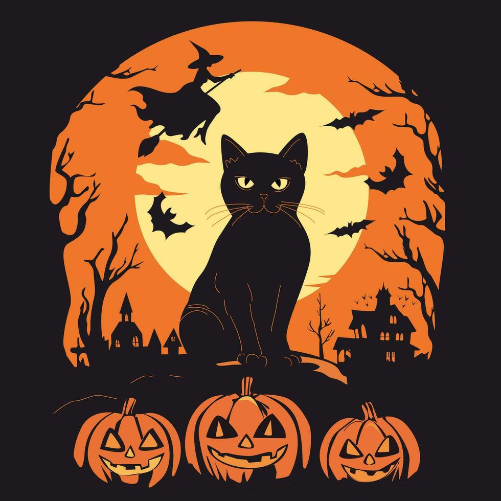 Víspera de Todos los Santos póster en retro estilo. gato, bruja, tallada calabaza vector ilustración.