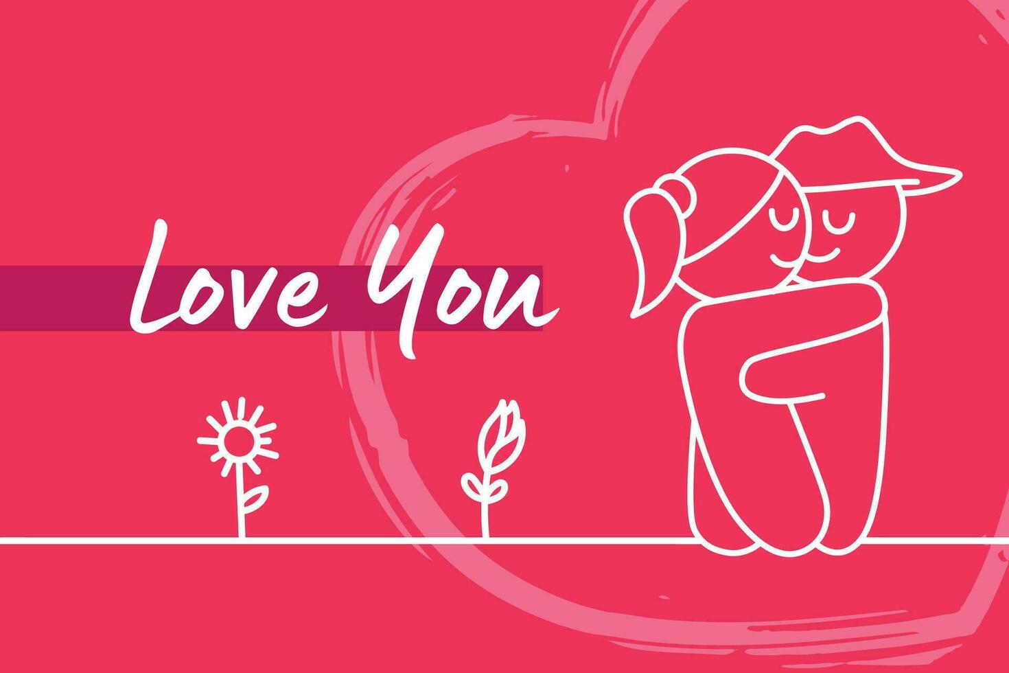 couple in love embraced on pink background, drawing in childish comic style vector silhouette