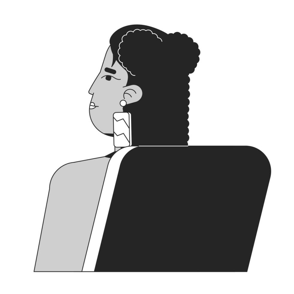 Latina university student sitting in chair behind flat line black white vector character. Editable outline half body person. College life simple cartoon isolated spot illustration for web design