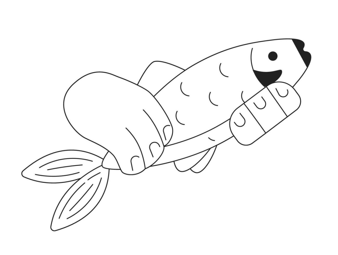 Hand holding fresh fish monochrome flat vector object. Fishing. Hobby. Editable black and white thin line icon. Simple cartoon clip art spot illustration for web graphic design
