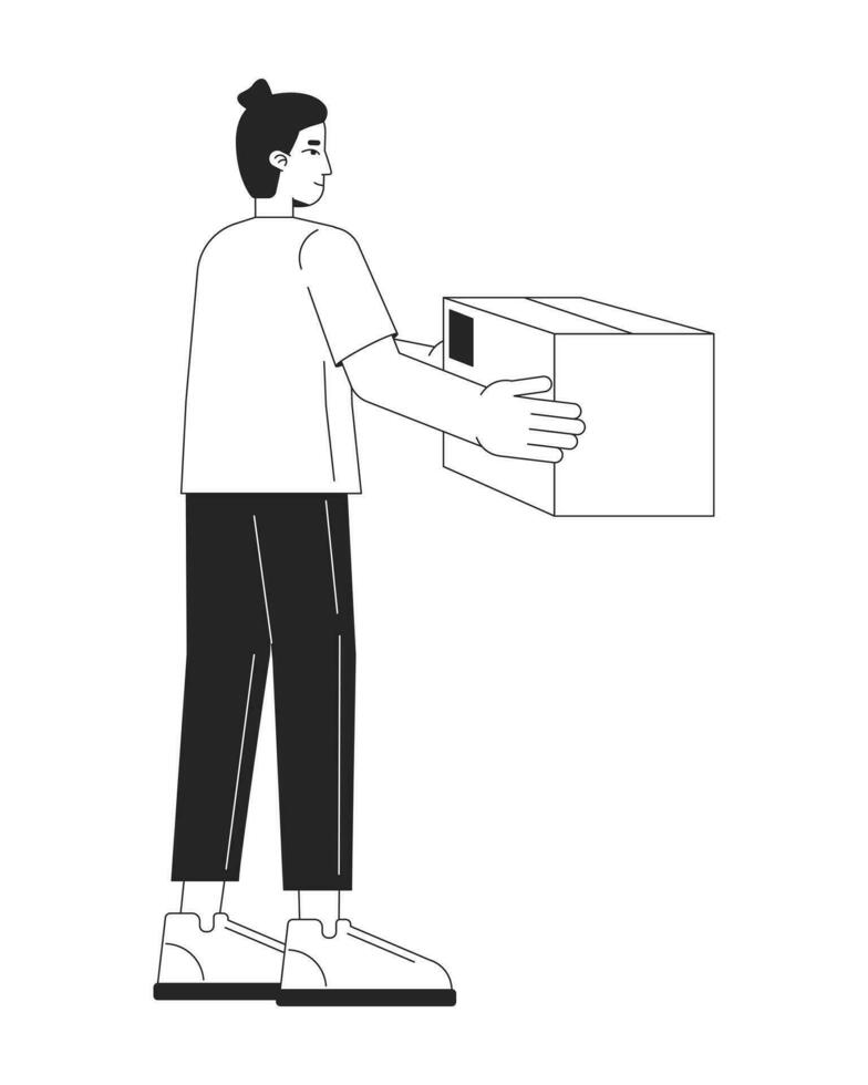 Caucasian man taking parcel flat line black white vector character. Editable outline full body person. Express delivery simple cartoon isolated spot illustration for web graphic design