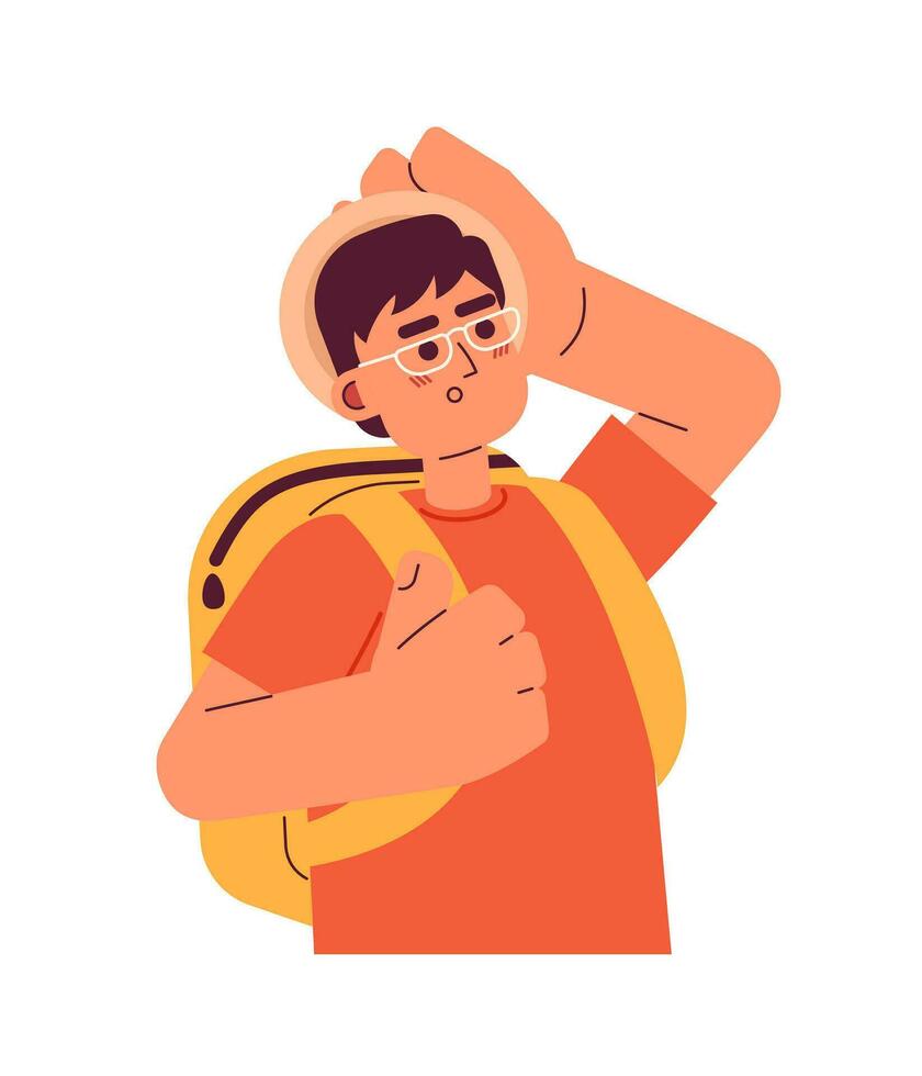 Cute asian man in glasses semi flat color vector character. Editable half body person looking up on white. Simple cartoon spot illustration for web graphic design