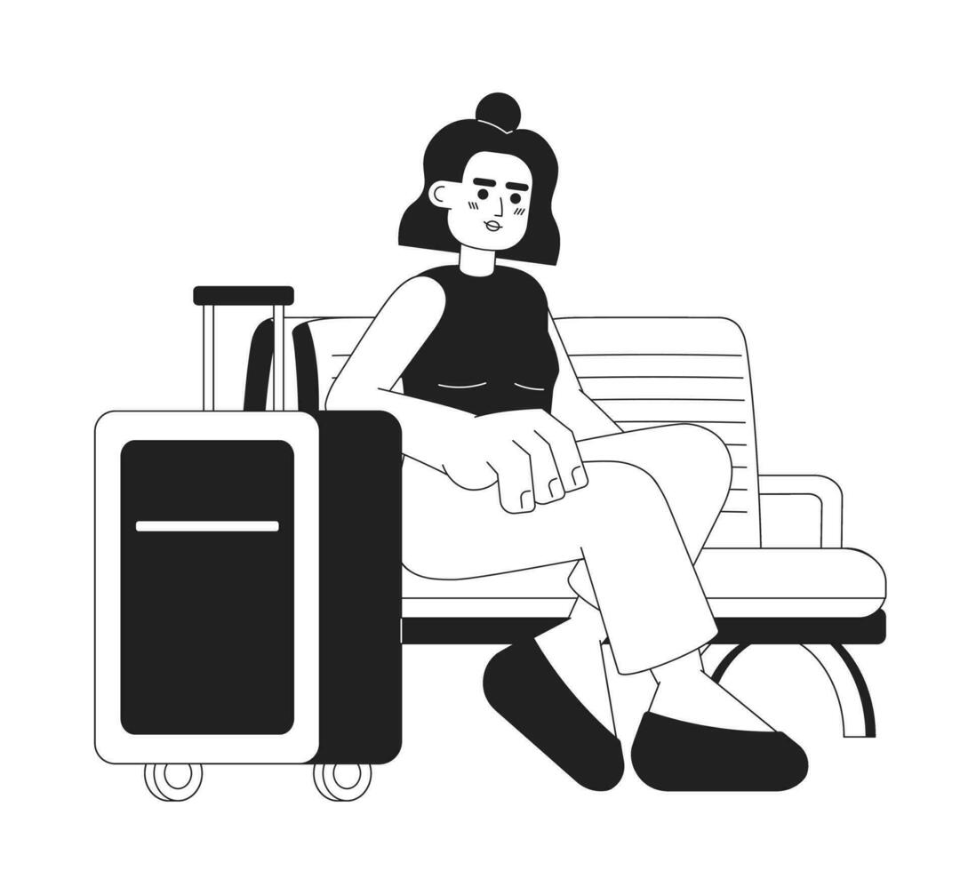 Latinamerican girl with luggage sitting monochromatic flat vector character. Editable full body person going on vacation on white. Simple bw cartoon spot image for web graphic design