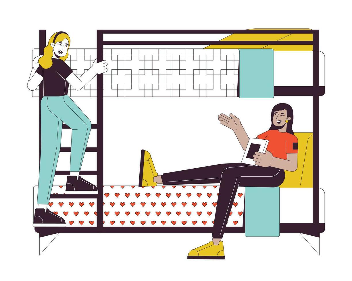 Female roommates in bunkbed flat line color vector characters. Editable outline full body people on white. University accommodation students simple cartoon spot illustration for web graphic design