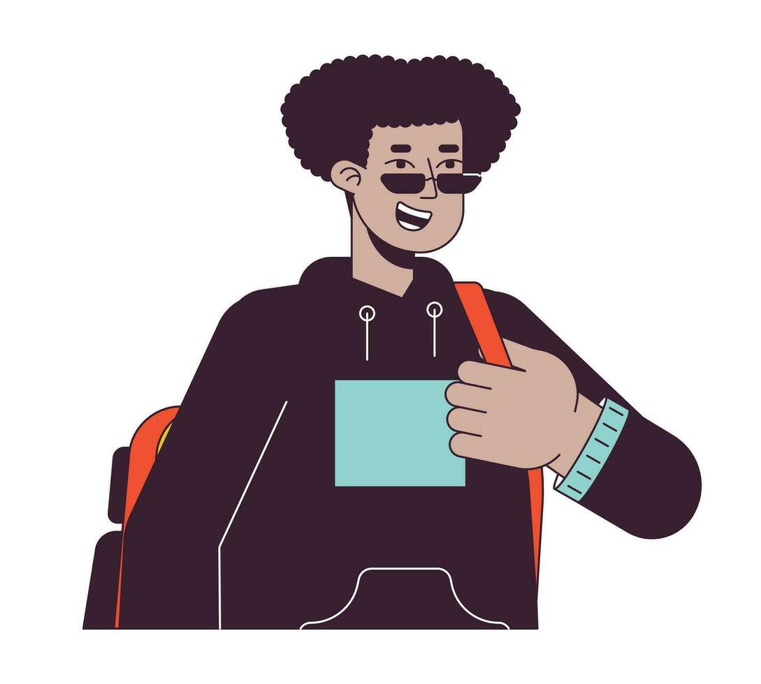 Backpack college student hispanic male flat line color vector character. Editable outline half body person on white. Young latino student simple cartoon spot illustration for web graphic design
