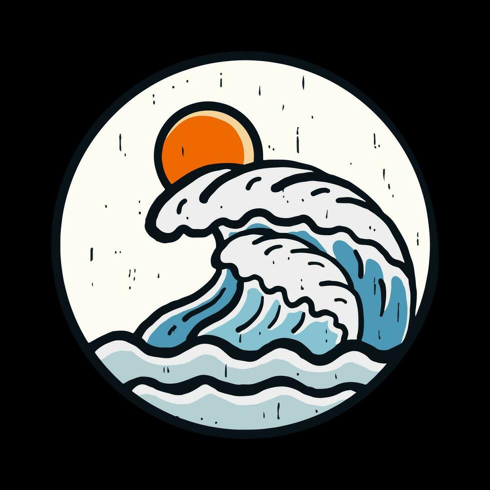 Strong wave on the ocean vintage vector design for t shirt, badge, sticker, patch illustration