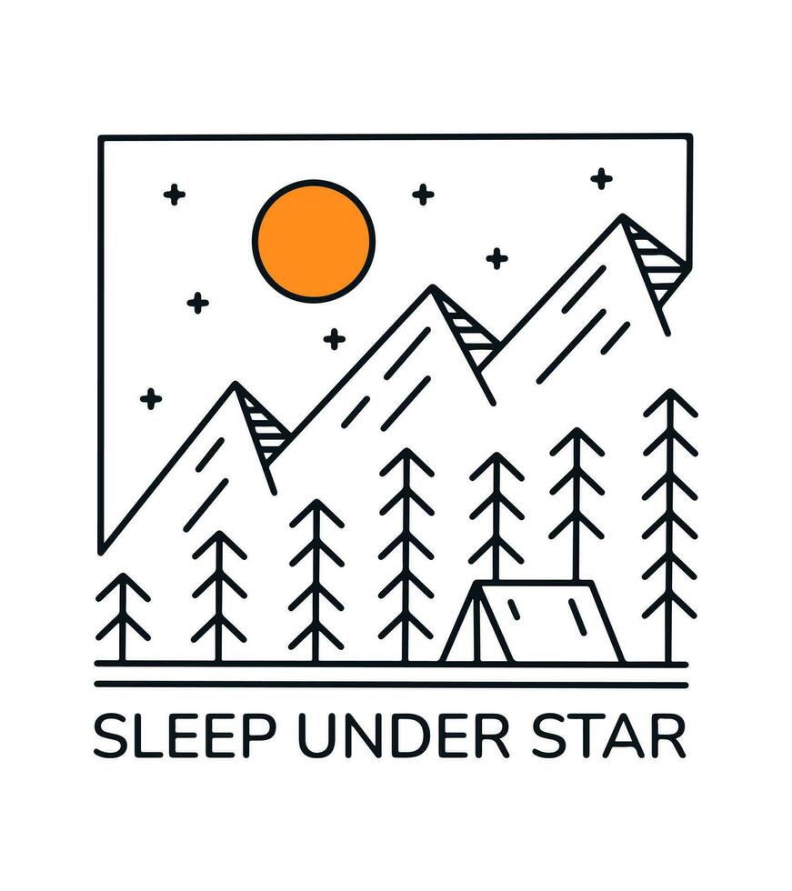 dormir debajo estrella cámping en el naturaleza mono línea vector t camisa ilustración